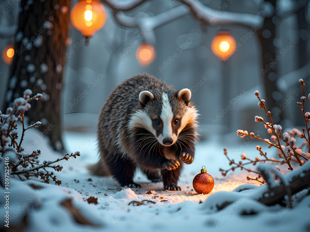 Wall mural a curious creature explores a snowy wonderland with lanterns and ornaments, digital art of fantasy c