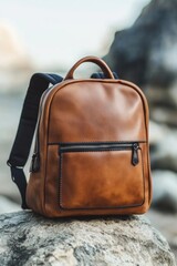 Brown backpack on rocky outcropping