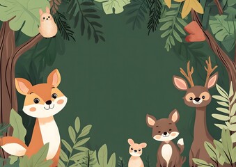 Cute forest animals in lush green foliage with empty space.