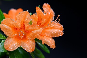 A detailed view of an orange azalea flower, with intricate veins and soft light highlighting its...