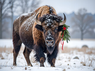 A bison celebrating winter with seasonal decorations in a snowy landscape, photorealism of seasonal animal portrait concept.