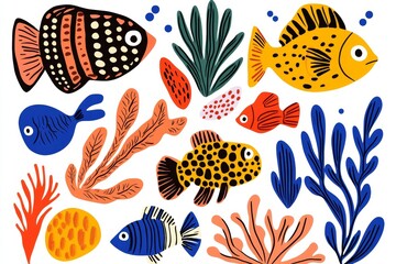 Aquatic coral reef illustrated in vibrant 2D style, with bold, simple shapes and flat colors against a white canvas