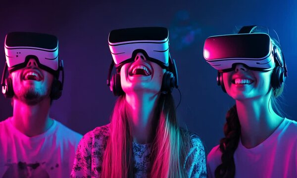 Three friends experience immersive virtual reality together, with joyful expressions.