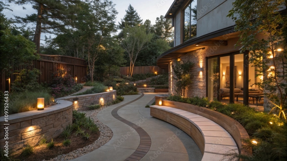 Poster this enchanting pathway showcases a blend of rustic charm and modern design with curved seating carv