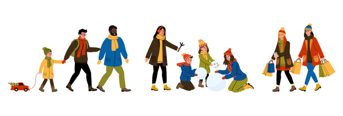 Winter activities in a snowy landscape with families enjoying the season