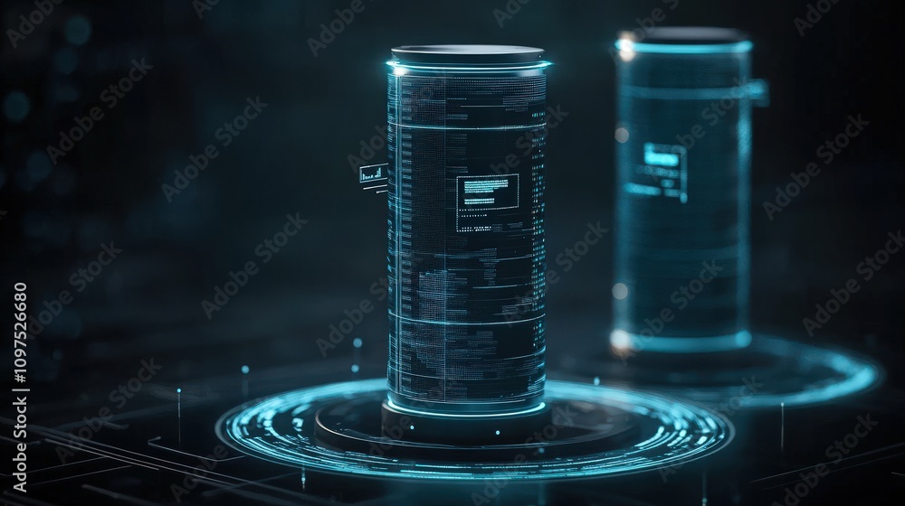 Poster Futuristic Digital Data Storage Cylinders with Neon Glowing Effects and High-Tech Interface Displaying Information in a Virtual Environment