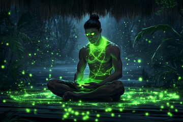 Obraz premium A fantasy healer preparing Ayurvedic remedies in a hut surrounded by enchanted plants and glowing fireflies