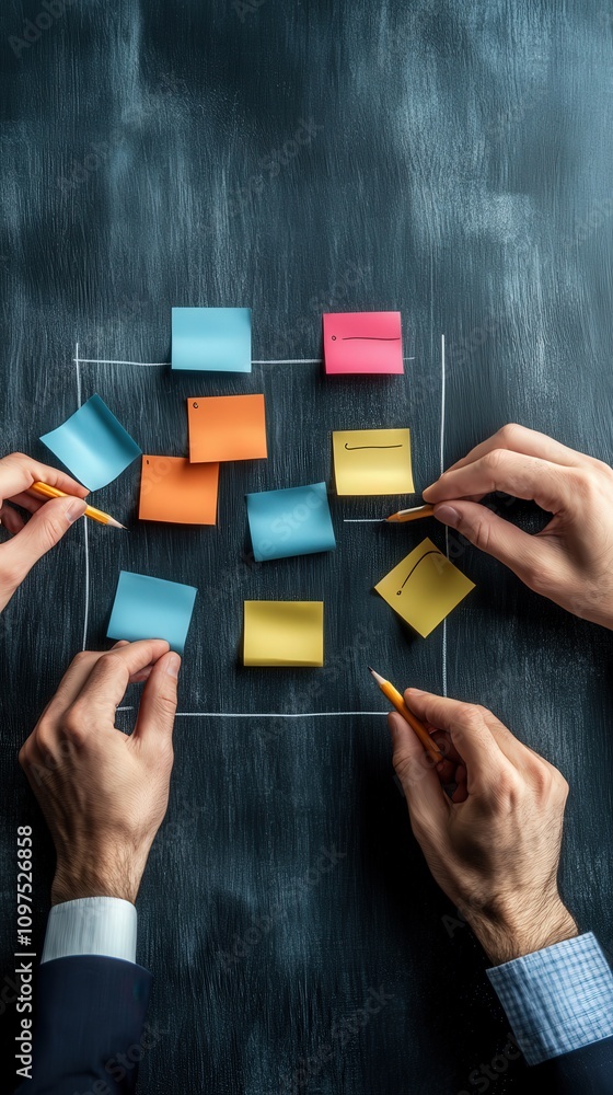 Poster collaborative brainstorming session with colorful sticky notes on dark surface, hands engaged in cre