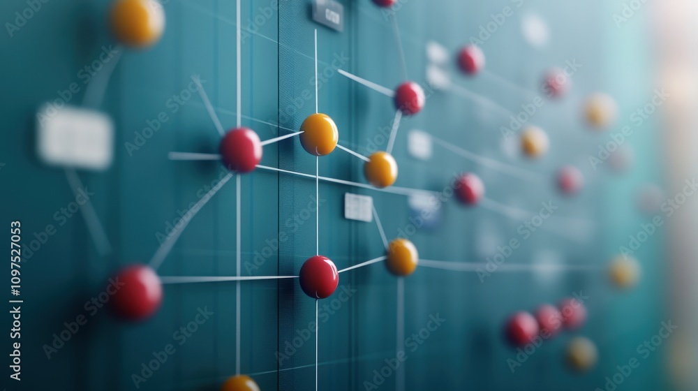 Poster Colorful Abstract Network Visualization with Nodes and Connections on a Blue Background, Depicting Data Relationships and Complex Information Structures