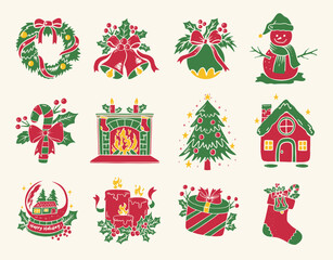 A set of simple Christmas icon designs featuring traditional holiday elements such as holly, ribbons, stockings, and trees in a bold and festive style.