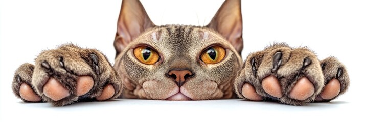 Fototapeta premium A close-up of a cat's face and paws resting on a surface, showcasing its curious expression.