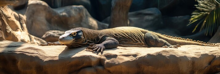 Fototapeta premium A large lizard resting on a rock in a naturalistic habitat setting.