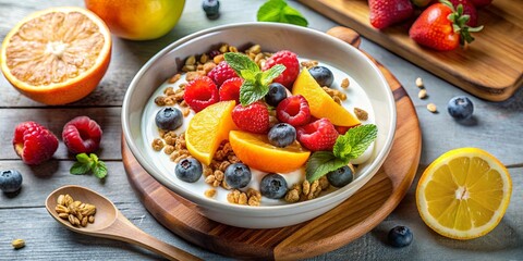 A delightful breakfast parfait featuring creamy yogurt, crunchy granola, and a vibrant mix of fresh raspberries, blueberries, and orange segments, garnished with fresh mint.