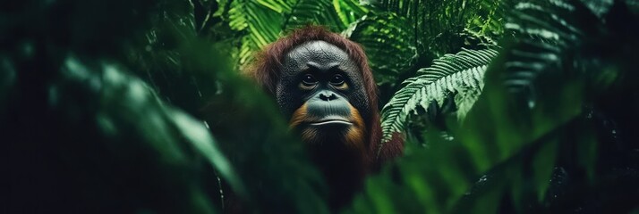An orangutan peering through lush jungle foliage, showcasing wildlife in its natural habitat.