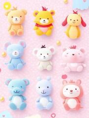 Obraz premium A cartoon pattern of woven yarn animals in bright and cute colors placed on a light colored watercolor background.