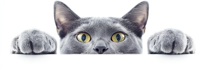 Fototapeta premium A curious gray cat peeking over a surface, showcasing its playful nature.