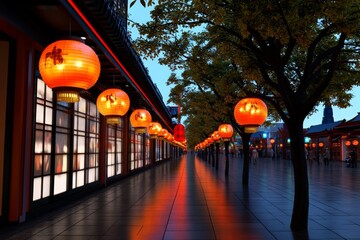 Asian market street in a digital 3D scene, filled with vibrant stalls, glowing lanterns, and...