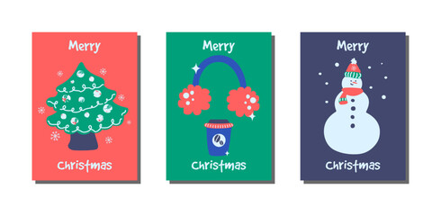 Christmas card set vector - hand drawn cute flyers. Postcards with lettering and Christmas background, Christmas tree, snowman, coffee, warm winter headphones. Snowflakes. Doodle.Holiday. background.