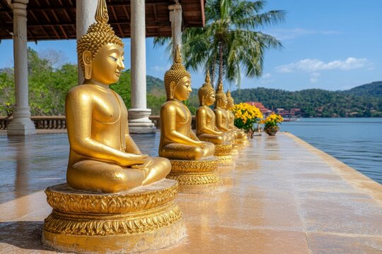 A group of golden Buddha statues aligned in a temple hall, reflecting devotion of visitors who light incense nearby