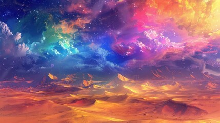 Naklejka premium The endless desert sands were interrupted by a sudden burst of color as if a sea of chromatic waves had emerged in the middle of the barren landscape.