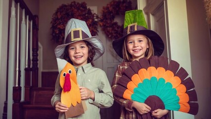 Kids in Pilgrim costumes, holding colorful paper turkey crafts