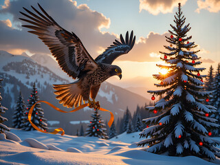 Obraz premium Majestic hawk soars over snowy landscape with festively decorated pine trees, digital painting of nature and wildlife concept.