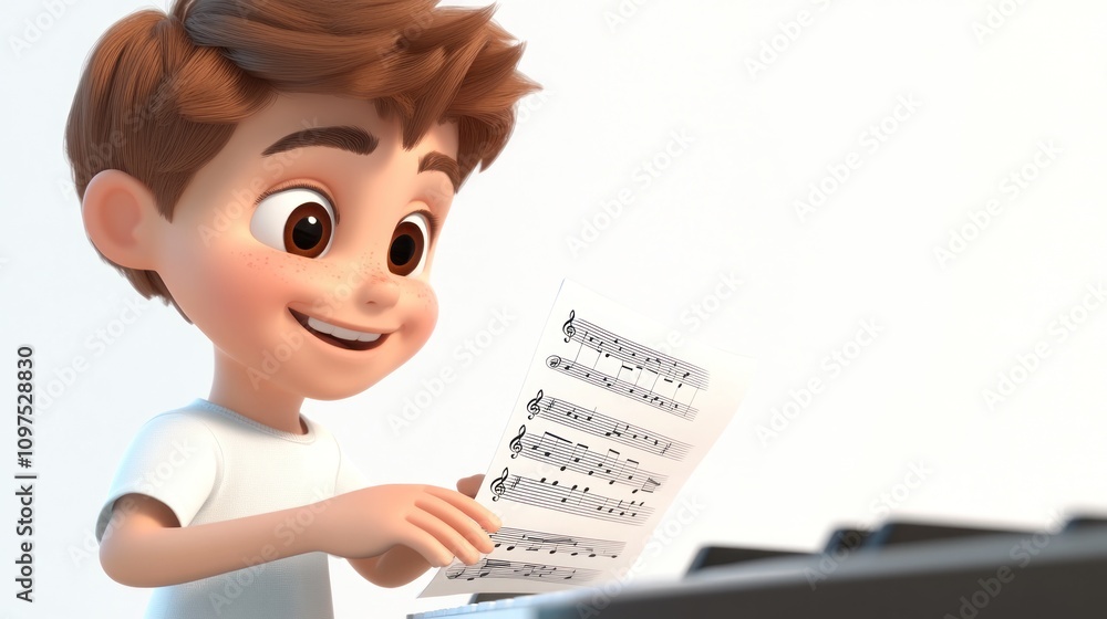 Poster a joyful boy playing music while reading sheet music at a keyboard.