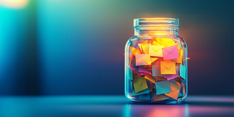 A transparent jar filled with vibrant sticky notes, placed in a glowing, colorful space, representing creative thoughts, ideas, and brainstorming sessions.
