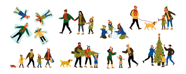 Families enjoying winter activities together during the festive season in a cheerful setting