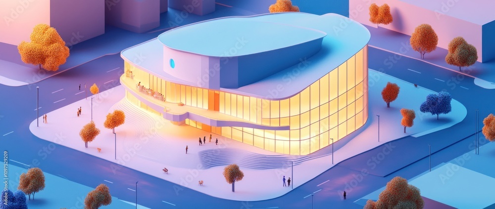 Poster a modern architectural building with large windows and a vibrant atmosphere.