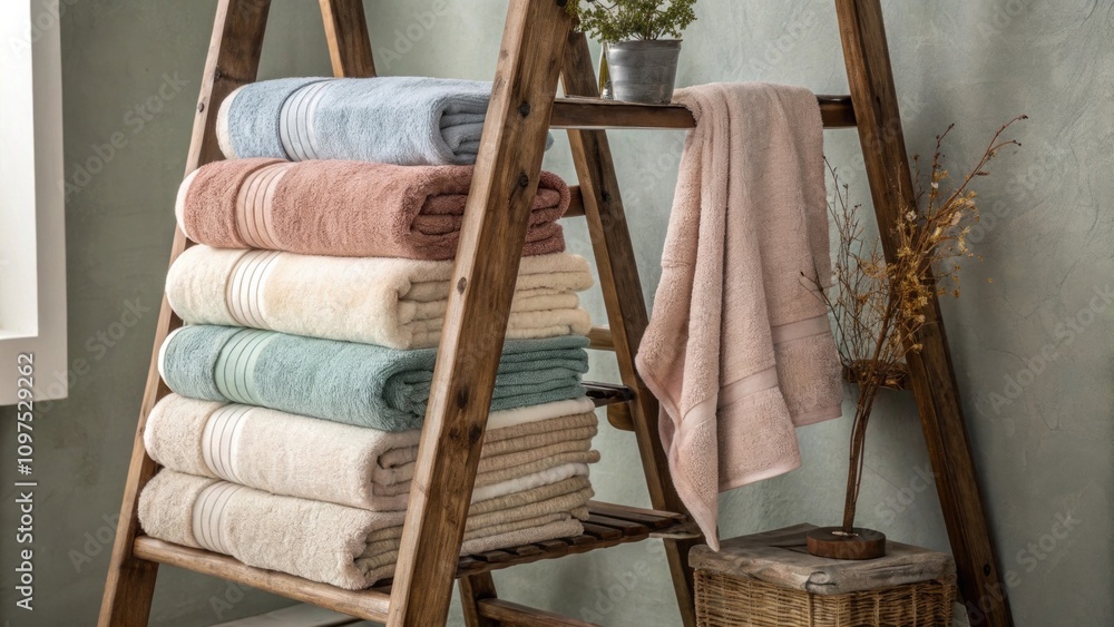 Poster thick plush towels are neatly arranged on a vintage ladder rack showcasing a palette of soft muted c