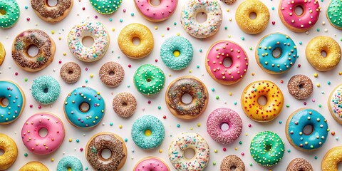 A Colorful Arrangement of Sweet Donuts Decorated with Sprinkles on a White Background