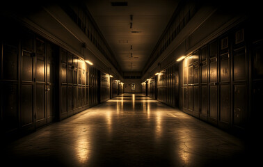 Lockers, storage cabinets in schools in the evening with no people.