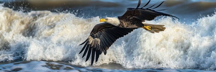Obraz premium A majestic eagle soaring above crashing ocean waves, showcasing nature's beauty and power.
