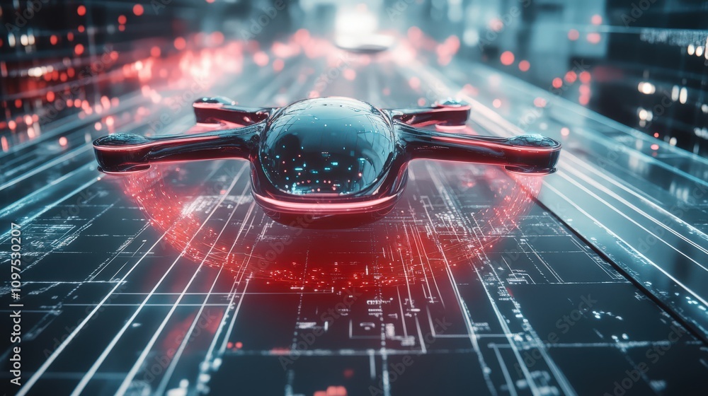 Poster Futuristic Drone Flying Over a High-Tech Circuit Board in a Neon Light Environment with Digital Data Patterns and Abstract Technology Aesthetics