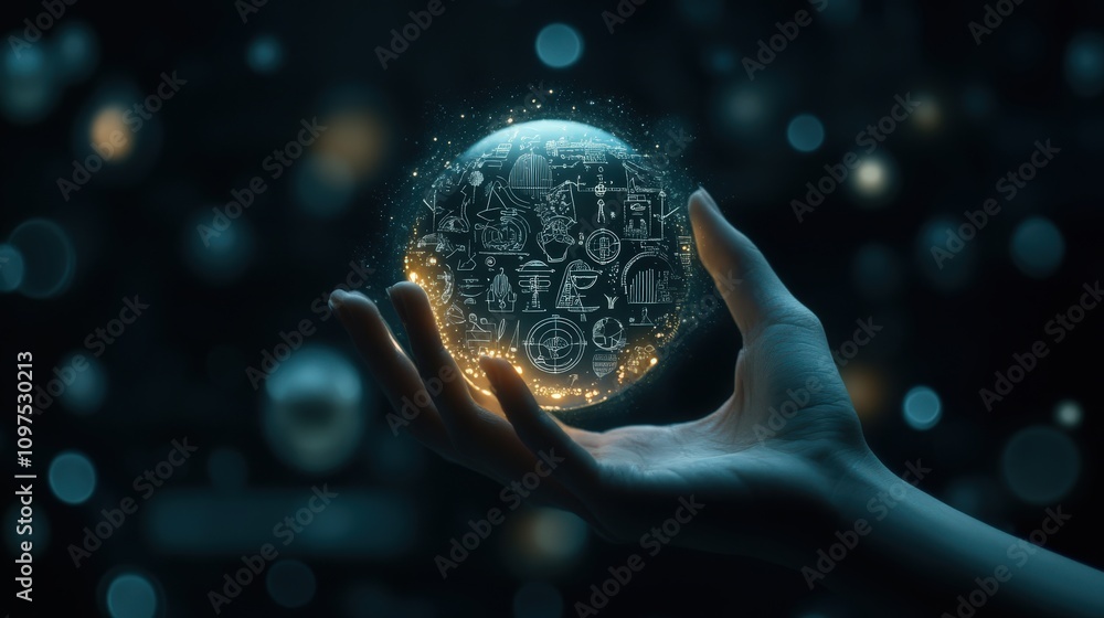 Poster hand holding a glowing sphere with futuristic icons representing technology, innovation, and digital