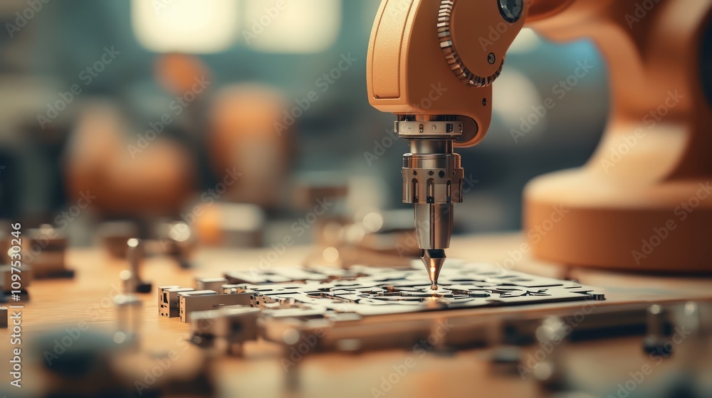 Aufkleber Robotic Arm Precision Engraving Metal Workpiece in Modern Workshop Setting with Tools and Components, Close-Up View Highlighting Industrial Automation and Technology