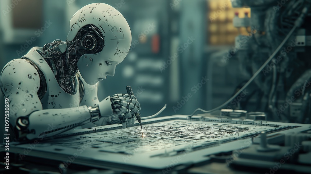 Aufkleber Advanced humanoid robot engaged in intricate circuit design and technology creation in a futuristic laboratory environment, showcasing precision and innovation in robotics.
