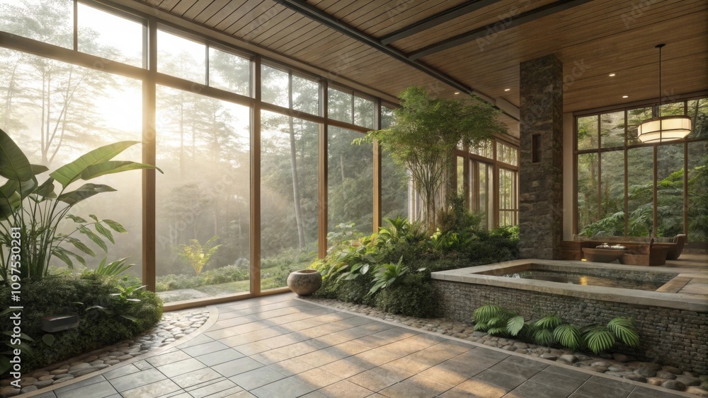Poster sunlight filters through oversized windows illuminating the shimmering tiles and the rich textures o