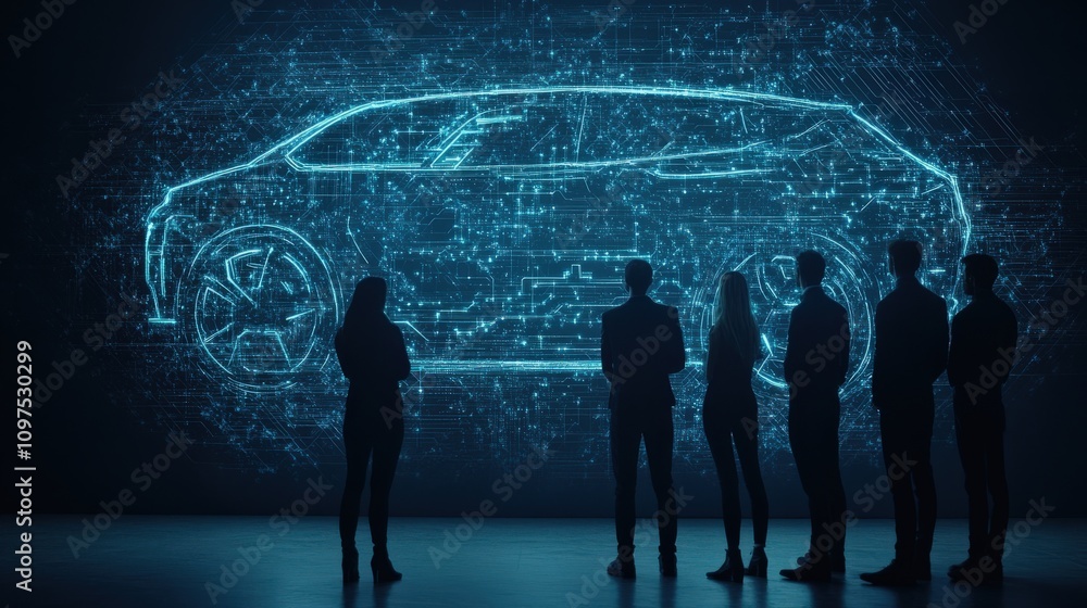 Poster silhouetted figures examining futuristic electric vehicle design in digital space with neon blue wir