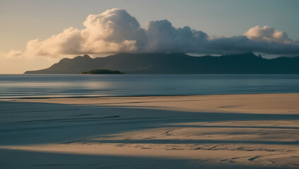 Vast Coastal Landscape with Moody Clouds: Expansive Beach and Mountainous Horizon