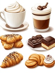 3D coffee and pastries cartoon. Tea cups, Croissants and pastries, sweet cake desserts with cream and chocolate.