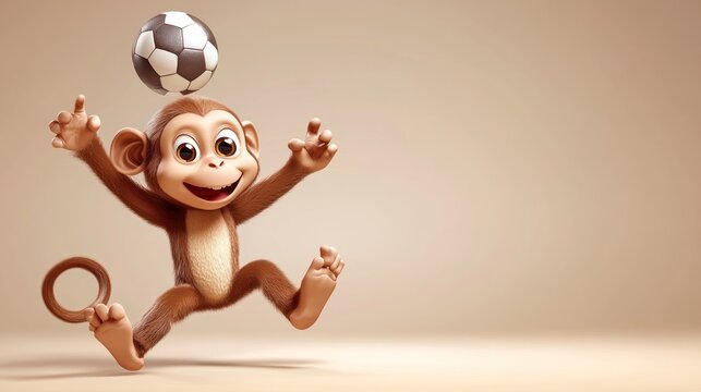 A playful cartoon monkey joyfully juggling a soccer ball while running.