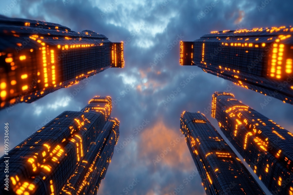 Poster Digital 3D rendering of a futuristic skyscraper, with dynamic lighting and intricate metallic textures