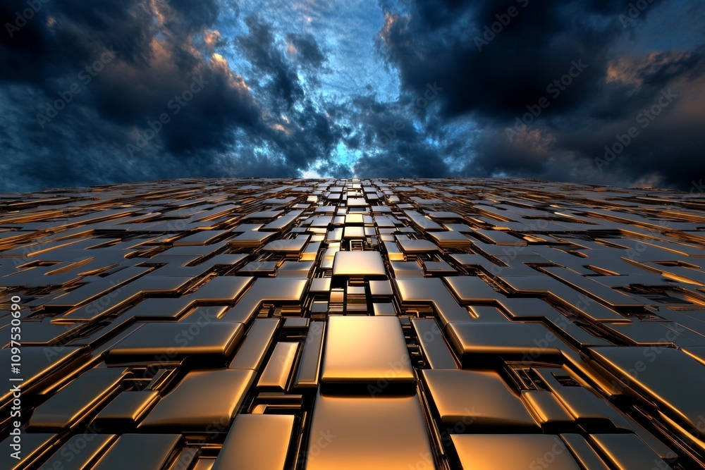 Poster Digital 3D rendering of a futuristic skyscraper, with dynamic lighting and intricate metallic textures