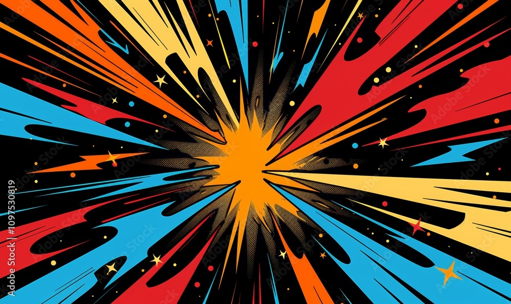 Poster abstract vector background with colorful rays and thunderbolts on black in cartoon style with simple