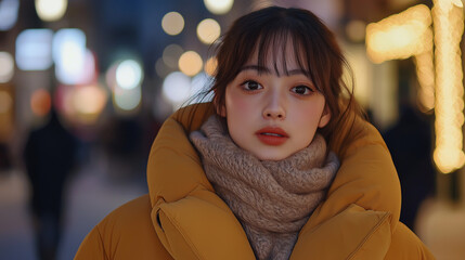 Japanese model in puffed jacket and knit scarf, posing in Tokyo&rsquo;s bustling shopping district - Warm and vibrant, evening lights