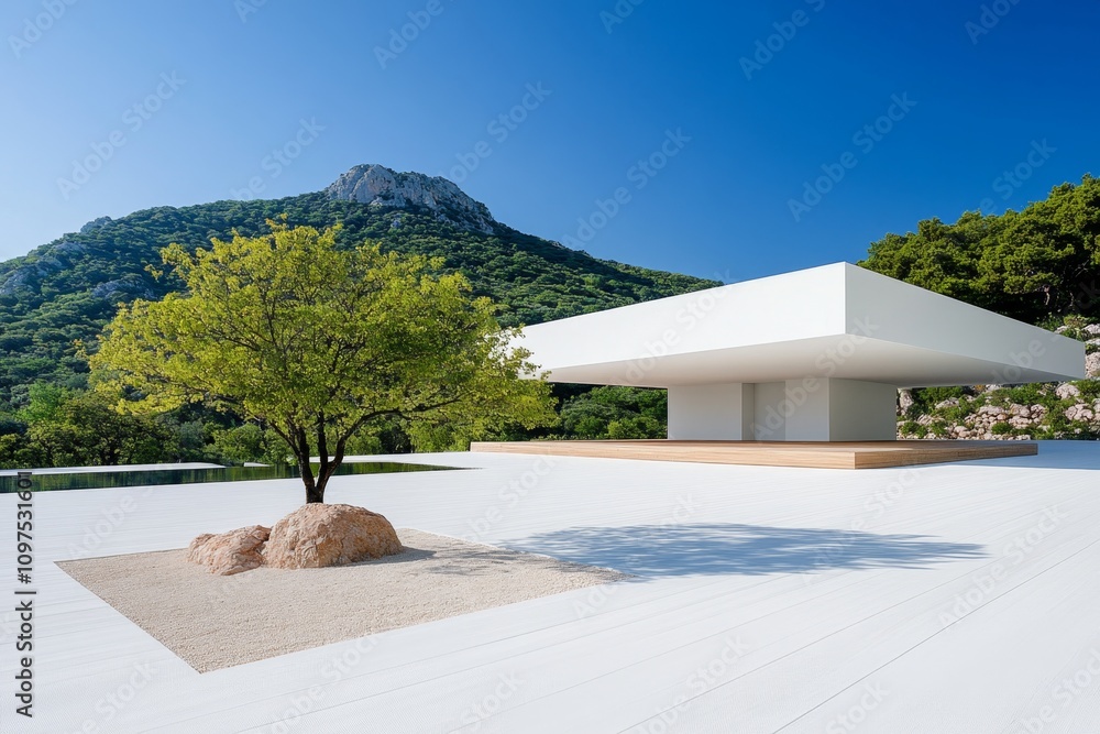 Poster Minimalist architecture of a white concrete house surrounded by a serene garden with clean lines and open spaces