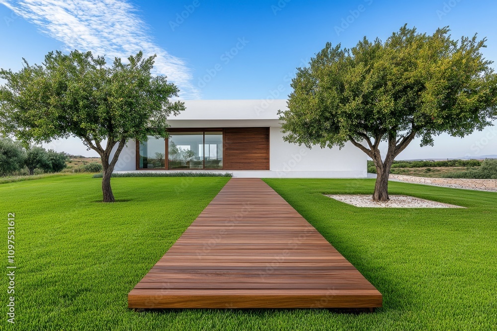 Poster Minimalist architecture of a white concrete house surrounded by a serene garden with clean lines and open spaces