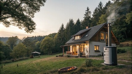 A rural house surrounded by trees powered by a compact biomass heater.